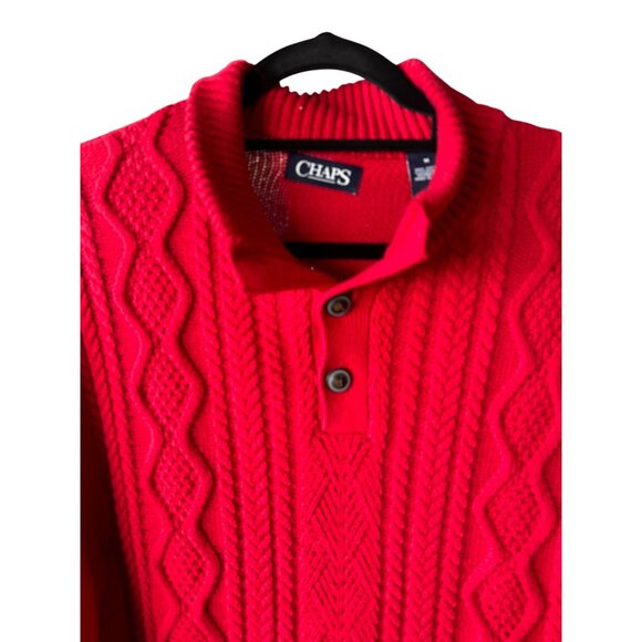 Chaps Red Fisherman Cable Knit Sweater 3 button M 100% Cotton Long Sleeve Preppy - Picture 3 of 10